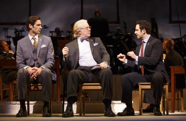 Thomas Jefferson, Benjamin Franklin and John Adams push for independence  and are played by, from left, John Behlmann, John Larroquette and Santino Fontano in "1776." The show informs the Broadway hit "Hamilton."