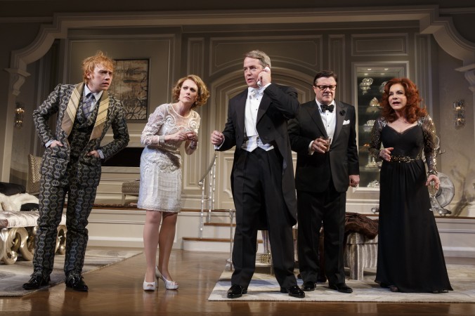 (L-R) Rupert Grint, Megan Mullally, Matthew Broderick, Nathan Lane, and Stockard Channing appear during a performance of Its Only A Play, at the Gerald Schoenfeld Theatre. (AP Photo/The O+M Company, Joan Marcus)