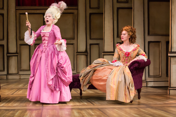 Carol Schultz as Mrs. Malaprop and Jessica Love as Lydia Languish in The Pearl Theatre Company&#39;s production of Richard Brinsley Sheridan&#39;s &quot;The Rivals&quot;, directed by Hal Brooks.