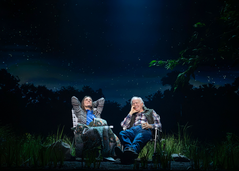 Two men sitting in chairs outside at night
Description automatically generated